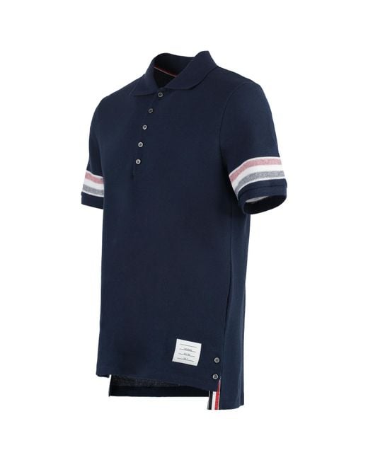 Thom Browne Blue Logo Patch Striped Polo Shirt for men