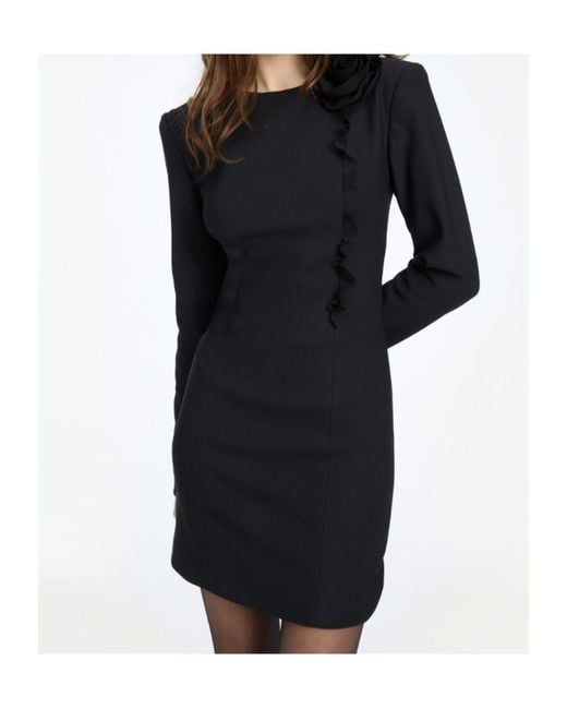 ROTATE BIRGER CHRISTENSEN Black Crepe Mini Long-Sleeves Flower Dress
