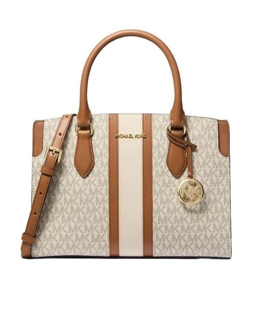 MICHAEL Michael Kors Brown Becca Medium Signature Logo Stripe Satchel