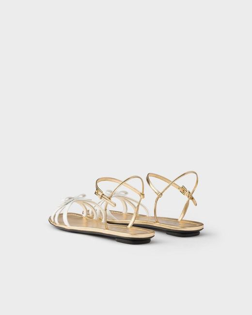 Prada White Flat Patent And Metallic Leather Sandals
