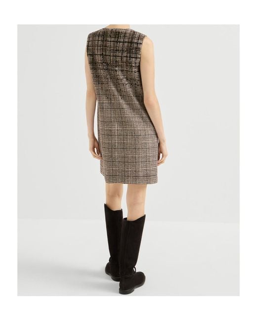 Brunello Cucinelli Brown Checked Alpaca And Wool Mini Dress With Dazzling Degradé-Embroidery