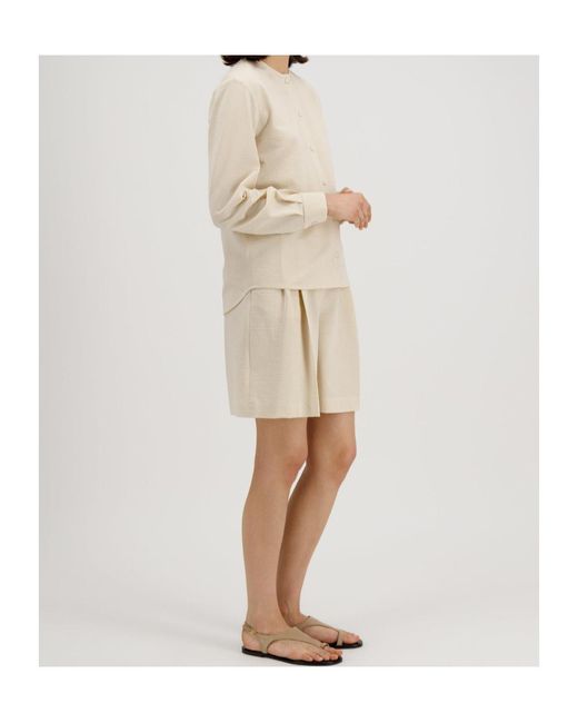 Harris Wharf London Natural Collarless Shirt Coolmax Seersucker