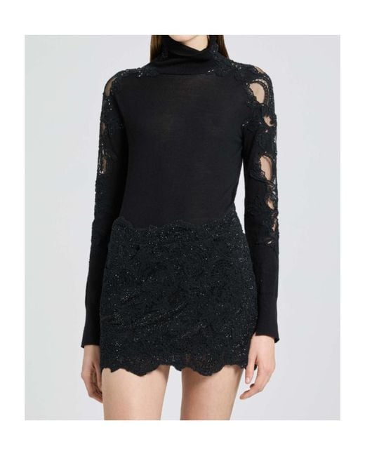 Ermanno Scervino Black Long-Sleeved Virgin Wool Turtleneck Sweater With Lace And Crystals