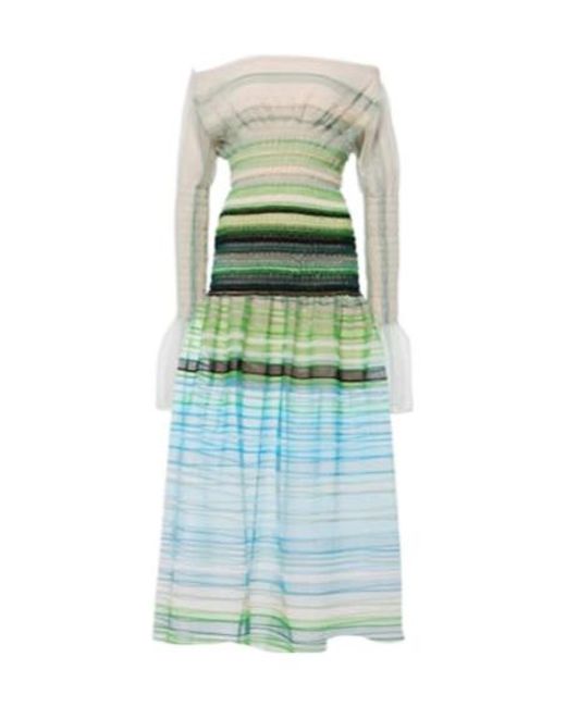 SUSAN FANG Green Striped Smocked Midi Dress