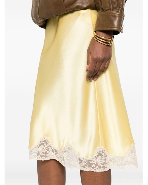 Saint Laurent Natural Lace-Trim Satin Midi Skirt