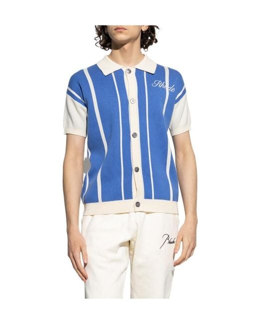 Rhude Blue Logo-Embroidery Striped Polo Shirt for men