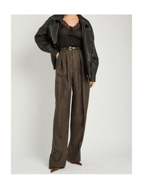 Saint Laurent Brown Subtle-Chevron Straight-Leg Wool Trousers