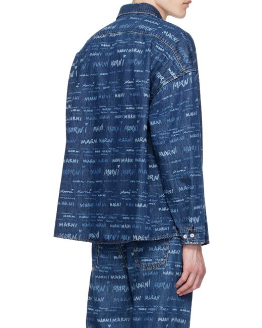 Marni Blue Allover Logo Printed Denim Shirt for men