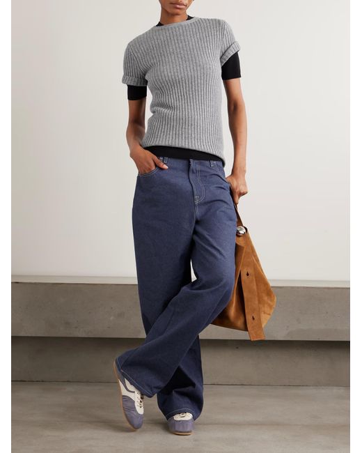 The Elder Statesman Gray Ribbed Cashmere Short-Sleeved Knit Sweater