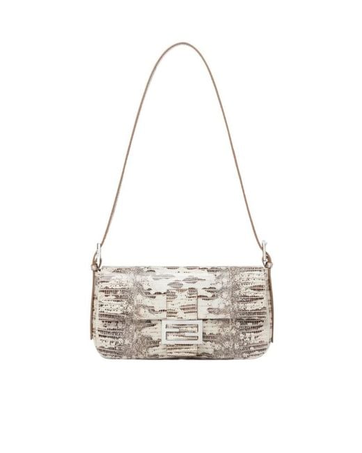 Fendi Metallic Baguette 26424 Parchment-Coloured Lizard-Leather Bag