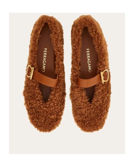 Ferragamo Brown Ferragamo Shearling Buckled Slip-On Ballet Flats
