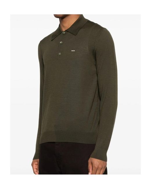 Prada Green Long-Sleeved Knitted Polo Shirt for men