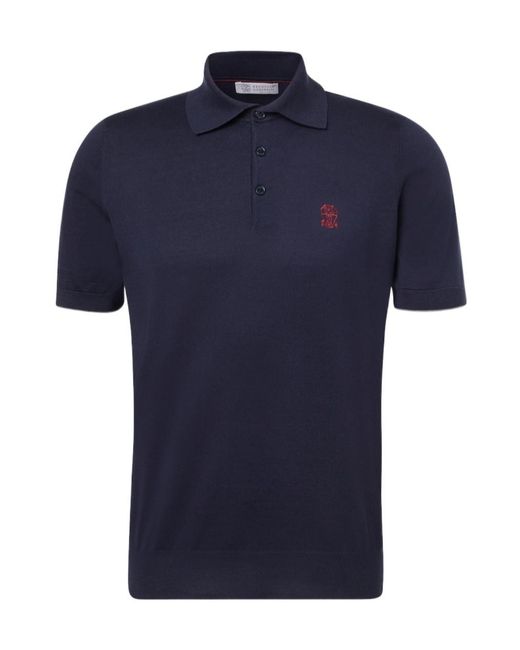 Brunello Cucinelli Blue Embroidered Cotton Piqué Polo Shirt for men