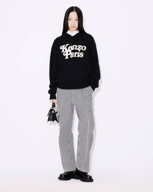 KENZO Black Logo Detailed Drawstring Knit Hoodie for men