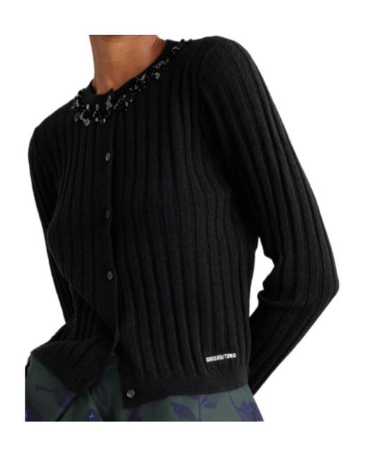 ShuShu/Tong Black Embellished Embroidered Ribbed Wool-Blend Cardigan