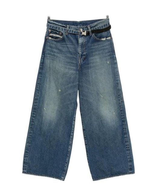 Sacai Blue Distressed Wide-Leg Jeans for men