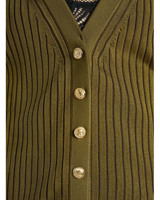 Balmain Green Buttoned Ribbed Knit Cardigan