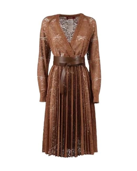Max Mara Brown Studio V-Neck Pleated Dress