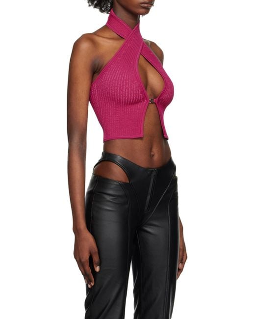 M I S B H V Pink Knitted Halter-Neck Crop Top