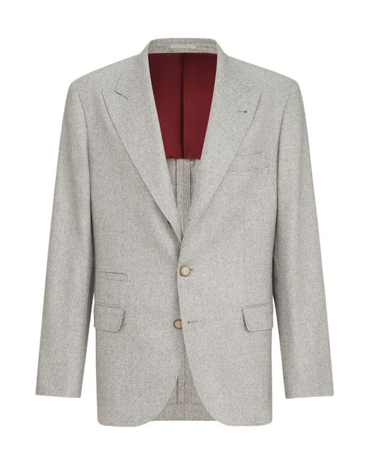 Brunello Cucinelli Gray Silk And Cashmere Cavalry Tweed Deconstructed Blazer With Large Peak Lapels for men