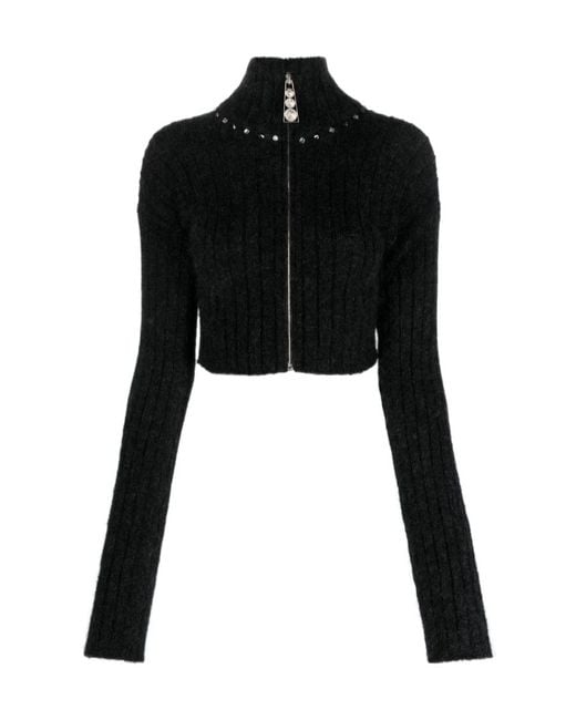 Alessandra Rich Black Zip-Up Rib-Knit Cardigan
