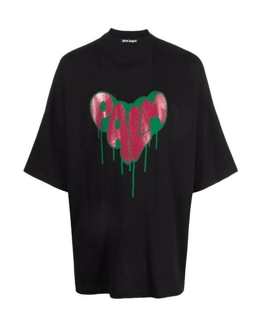 Palm Angels Black Spray Heart Cotton T-Shirt for men