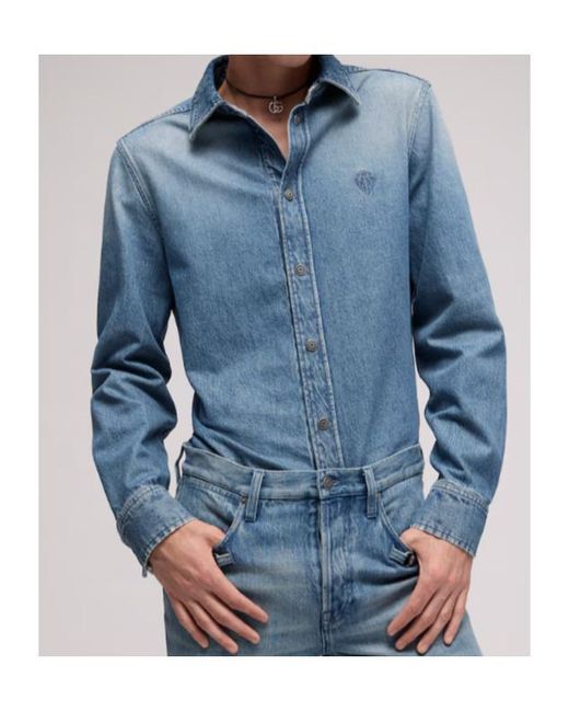 Gucci Blue Cotton Denim Shirt With Embroidery for men