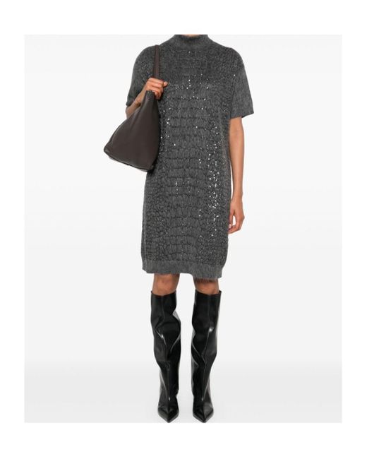 Brunello Cucinelli Gray Sequin-Embellished High-Neck Dress