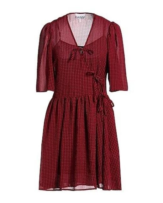 Ganni Red Plaid Short-Sleeve Waist Wrap Dress