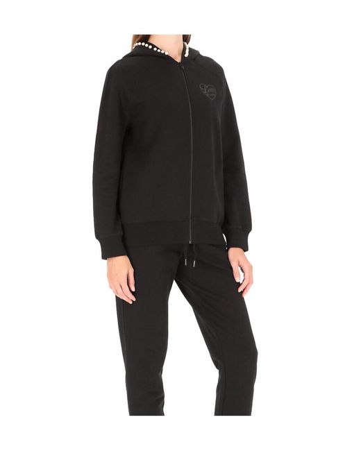 Moschino Black Faux-Pearl Zipped Fleece Hoodie