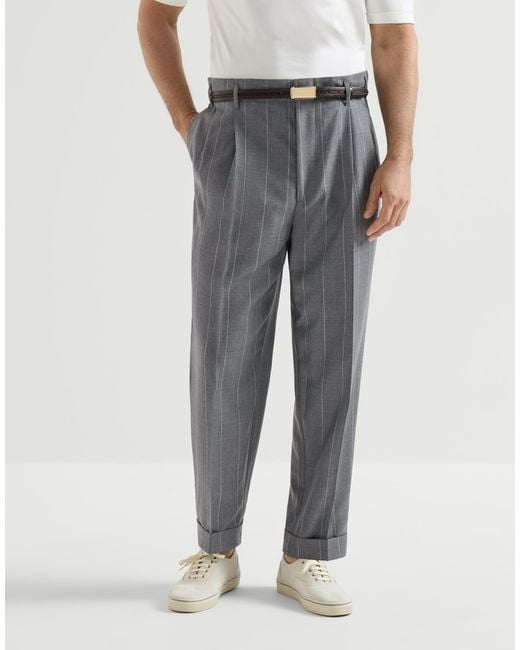 Brunello Cucinelli Gray Virgin Wool Chalk Stripe Trousers With Double Pleats for men