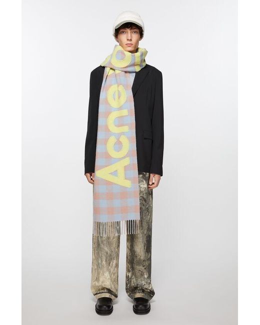 Acne White Checkered Logo Detailed Scarf for men