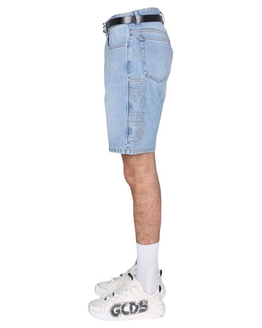 Gcds Blue Logo Patch Denim Shorts for men