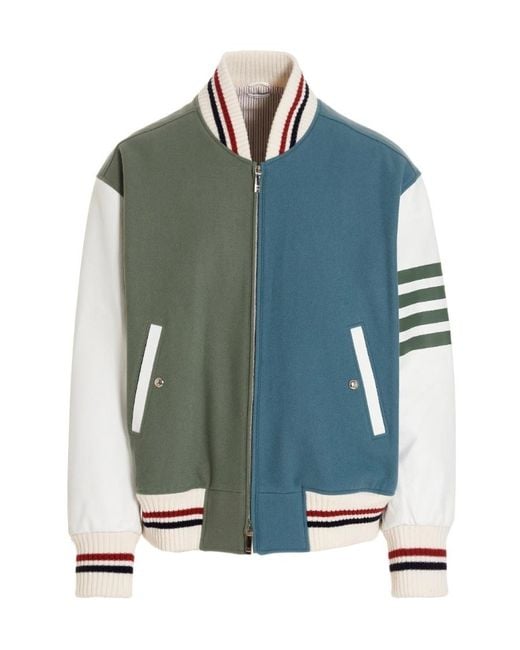Thom Browne Green Colour-Block Wool Bomber Jacket for men