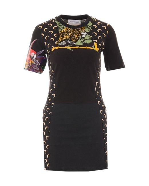 MARINE SERRE Black Moon Printed Short-Sleeved Dress