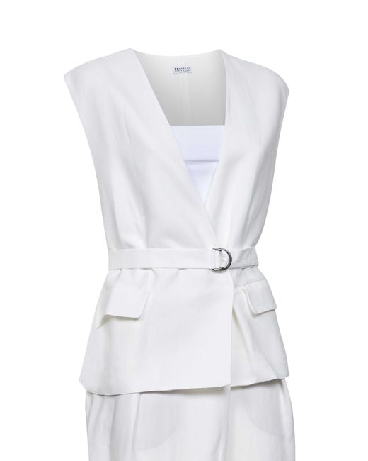 Brunello Cucinelli White Ivory Viscose And Linen Fluid Twill Midi Dress