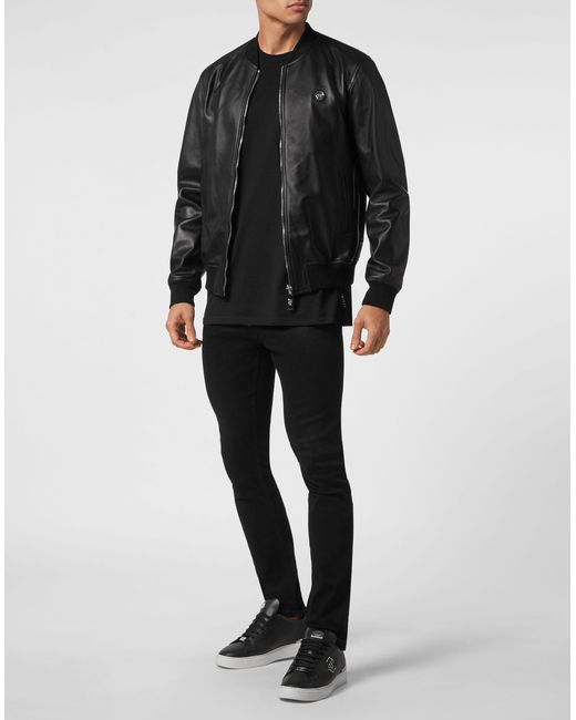 Philipp Plein Black Billy Logo Patch Bomber Jacket for men