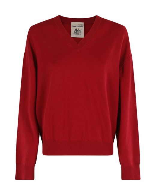 Semicouture Red V-Neck Long-Sleeved Sweater
