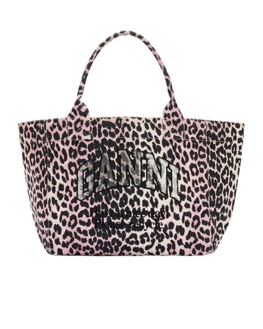 Ganni Black Leopard Printed Medium Tote Bag