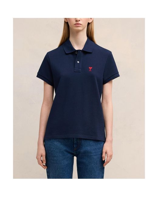 AMI Blue Logo Embroidered Short Sleeved Polo Shirt for men