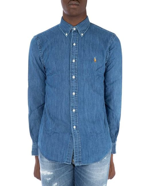Ralph Lauren Blue Polo Logo Embroidered Denim Shirt for men