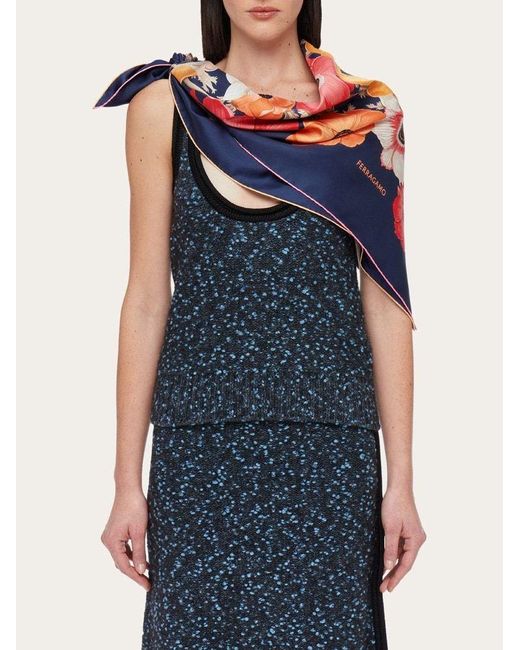 Ferragamo Black Anemone Printed Silk Scarf