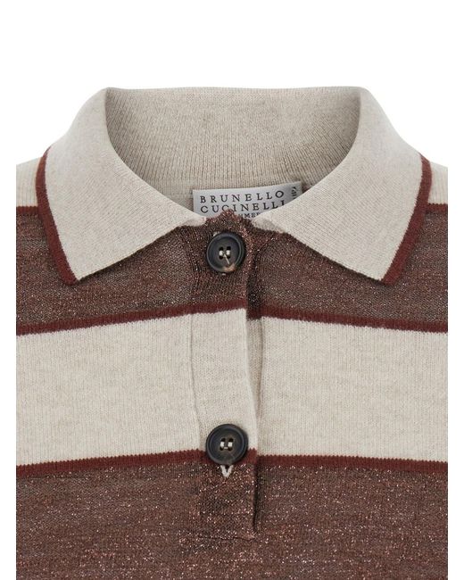 Brunello Cucinelli Brown Long Shirt Sleeve Polo With All-Over Str