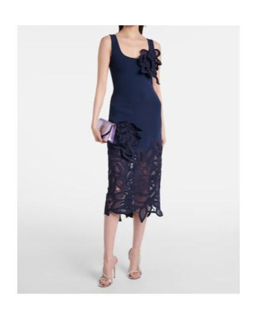Oscar de la Renta Blue Floral-Appliqué Lace Midi Dress