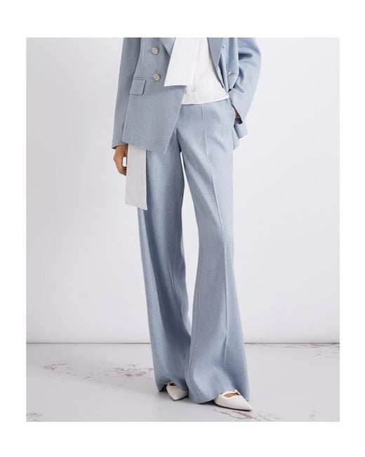 Marella Blue Herringbone Linen And Viscose Palazzo Trousers