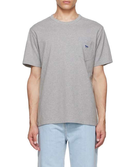 Maison Kitsuné Gray Embroidered-Logo Pocket T-Shirt for men