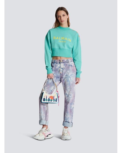 Balmain Blue Logo Printed Crewneck Cropped Sweatshirt