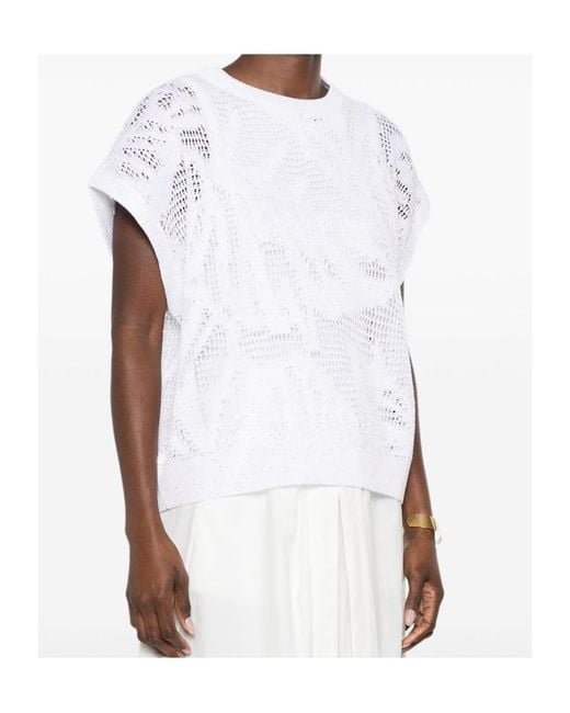 Brunello Cucinelli White Dazzling Water Lillies Knit T-Shirt