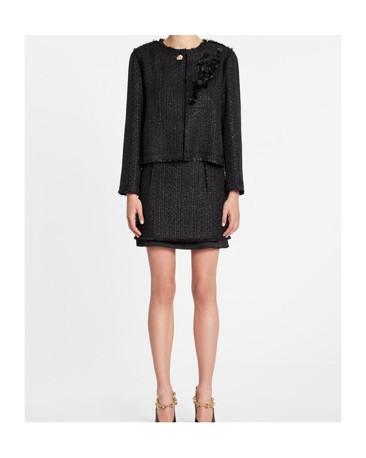 Lanvin Black Appliqué-Detail Fringed Tweed Jacket