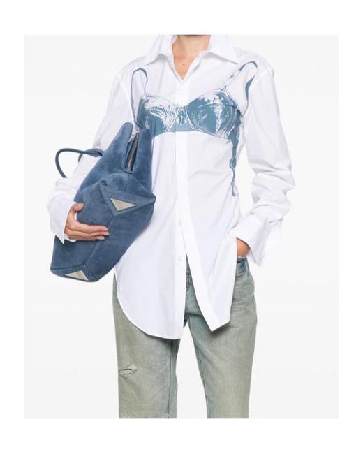 Jean Paul Gaultier Blue Stretch Cotton Shirt With Scanned Bra Print